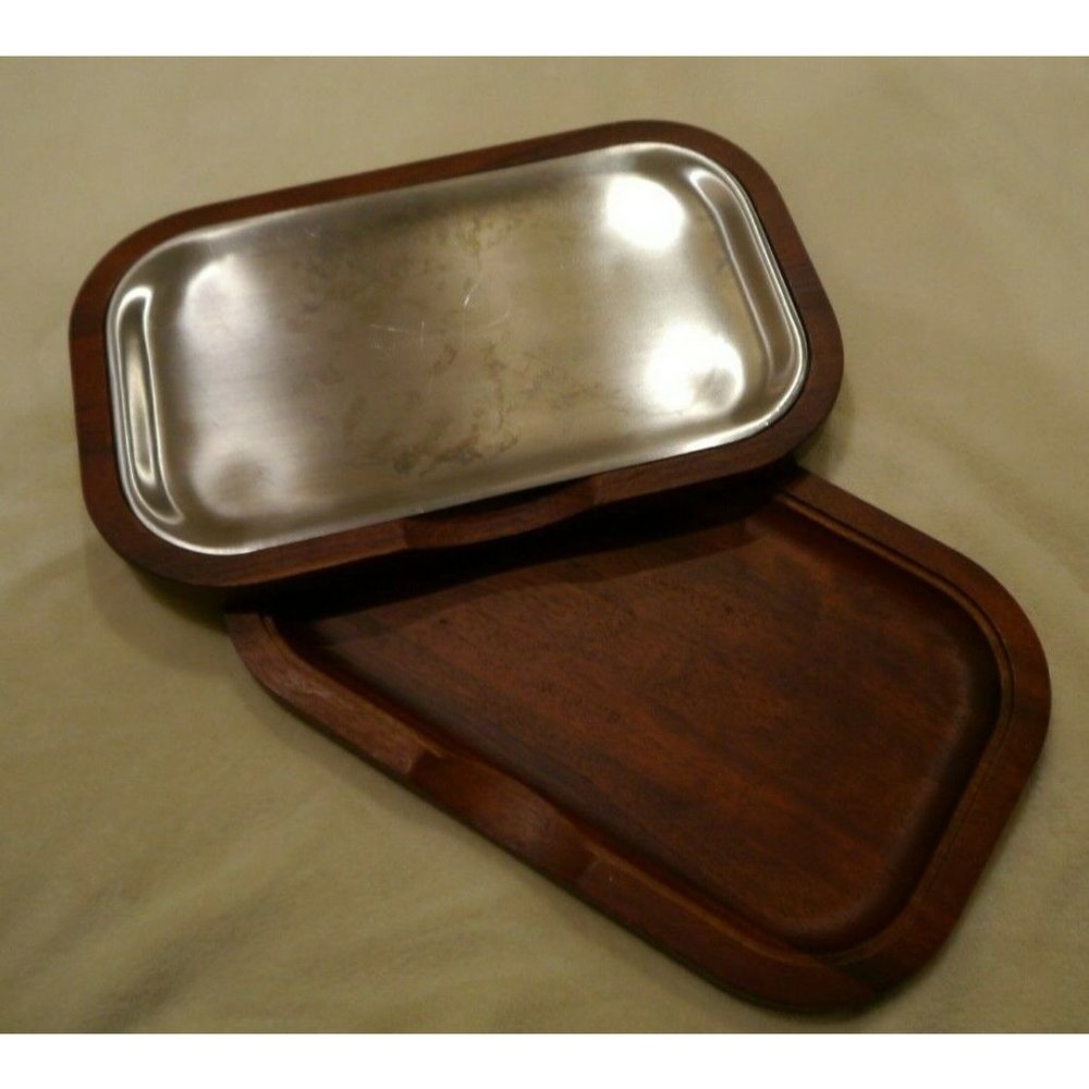 Brookstone Wood & Stainless Steel Sizzling Tray 13" and Cheese Plate Set Grill